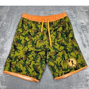 Baseballism Mens XL Board Shorts Green Camo Baseball Player Print Orange Trim